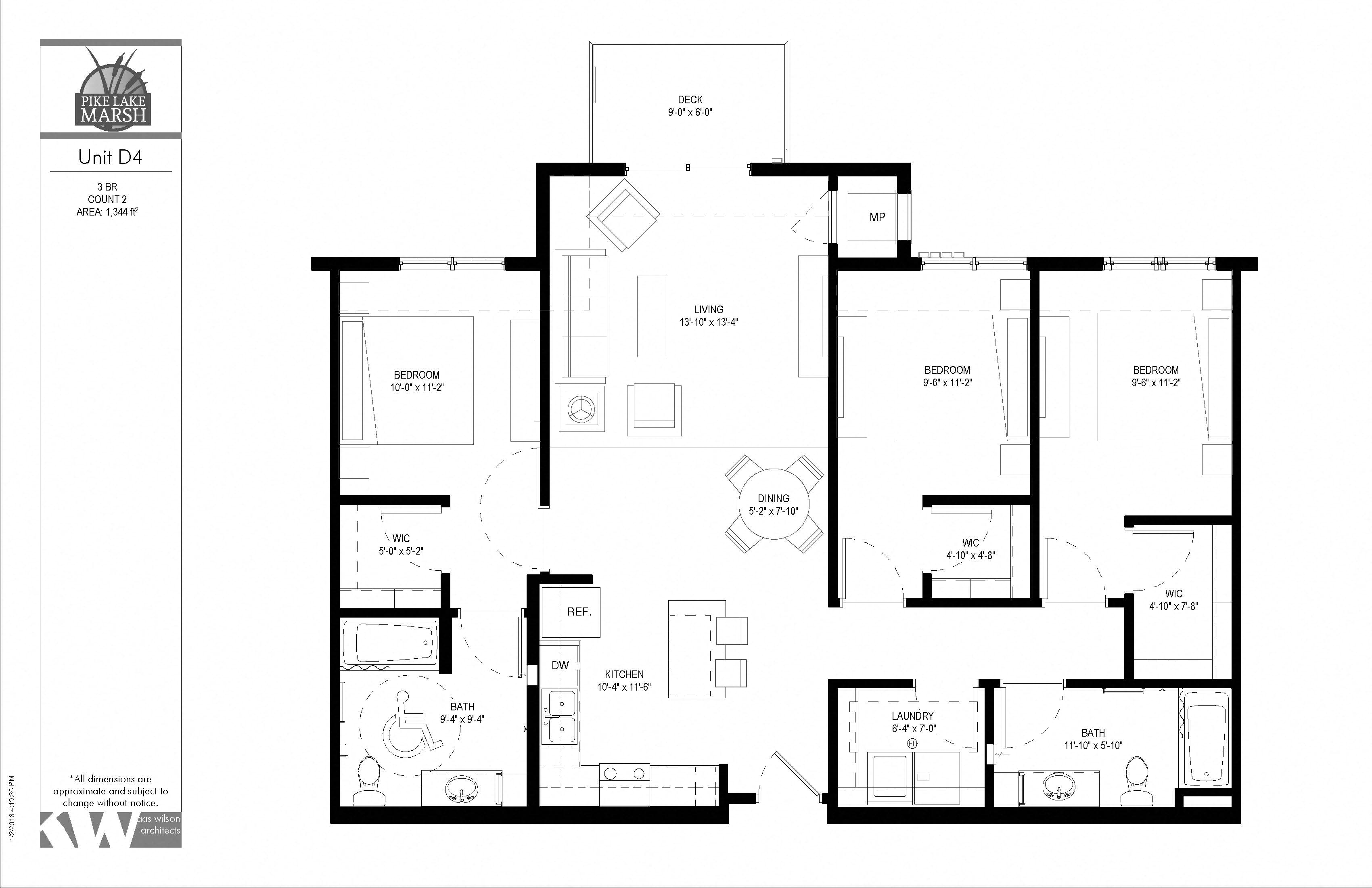 Floor plan for 3 beds, 2 baths, 1344 sqft